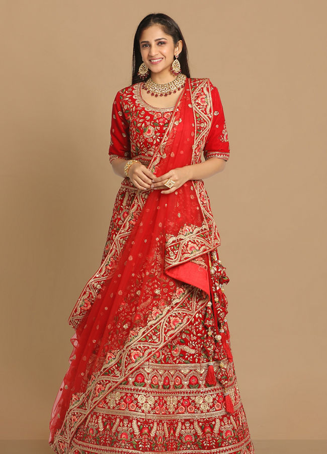 alt message - Mohey Women Red Floral Embroidered Lehenga image number 0